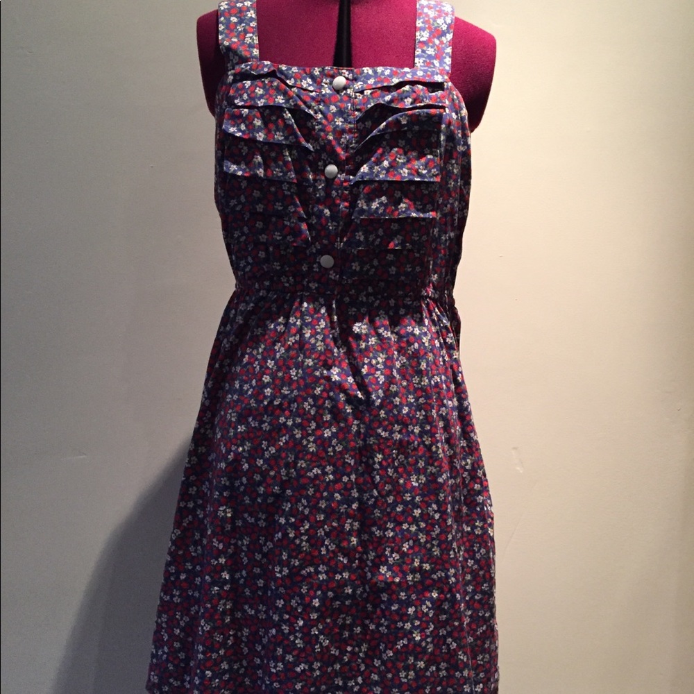Pleated strawberry print mid-length dress.